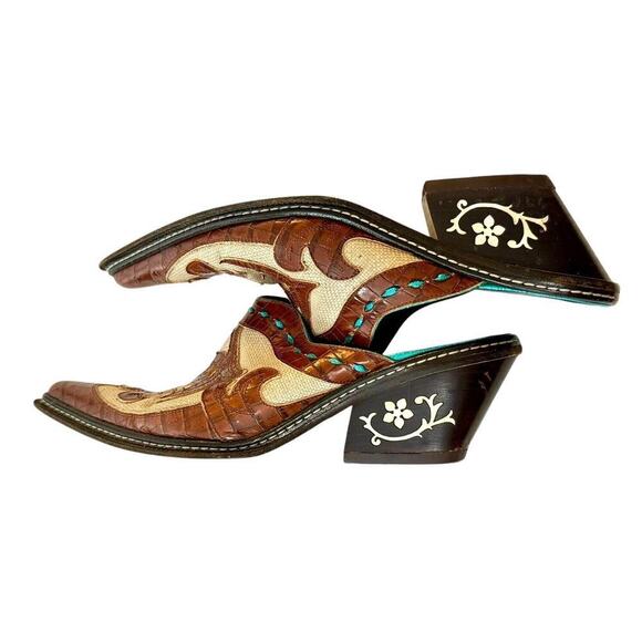 DONALD J. PLINER Juno Leather Brown Turquoise Western Couture Italian Mules 7M - Picture 8 of 11